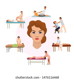 Girls on massage spa procedures vector illustrtion infographic with girls face. Relaxing after spa, girl is lying at the table on Thai massage. Hot stone massage.