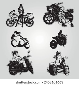 Girls on motorcycles. Set of vector tattoos and stickers