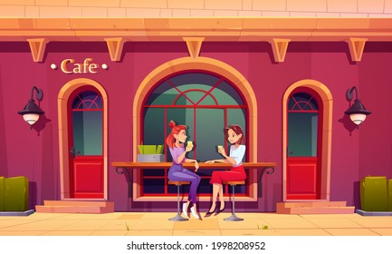 Girls on outdoor cafe terrace. Women drink tea and talking sit on high stools at wooden counter bar. Visitors relax in retro style coffee shop patio with table and chairs. Cartoon vector illustration