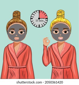Girls on a pale blue background. They are dressed in pink robes and have beauty treatments. Beauties. Mask. Clay. Moisturizing. Instruction. Cream. Blonde and brunette. Cosmetics. Watch. Time. Vector.