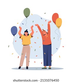 Girls on party. Girlfriends smile and raise hands up. Design for invitation and greeting cards. Poster or banner for site, advertising and special offers for clients. Cartoon flat vector illustration