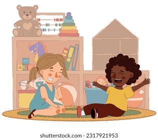 Girls on round carpet in kindergarten classroom, play, talk and laugh. Vector illustration for flyer, website, poster, banner.