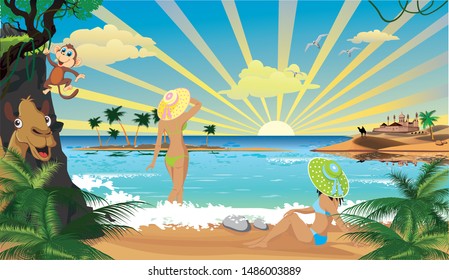Girls on a sandy beach relax, landscape. Sunrise over an island in the ocean.