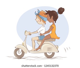 Girls on scooter / White and black girlfriends went on a trip, vector illustration