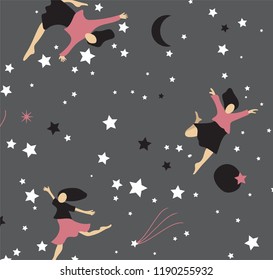 girls on space pattern repeat with random stars allover , moon and falling stars. grey, pink. black and white color  
