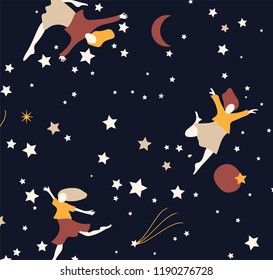 girls on space pattern repeat with random stars allover , moon and falling stars. navy background. vintage stile