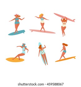 Girls on the surfboards. Surfers on the beach. Flat illustration.