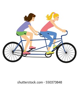 Girls on a tandem bike vector illustrator isolated on white background.  Girl friends riding a tandem bicycle.