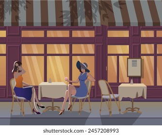 
Chicas en la terraza por la noche en París. Vector.