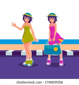 Girls on Traveling Cartoon Character Vector Illustration