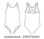 Girls one piece summer bathing suit fashion technical flat sketch cad mock up