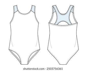 Girls one piece summer bathing suit fashion technical flat sketch cad mock up