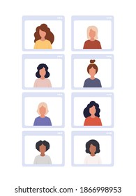 Girls at an online conference. Application window with conference. Isolated on white background. Vector illustration.