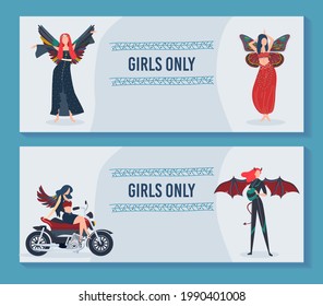 Girls only banner design, vector illustration, beautiful female character with butterfly wings in indian, boho clothes, decorative element near sign.