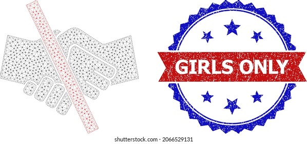 Girls Only corroded seal print, and resrtricted handshake icon net model. Red and blue bicolored seal has Girls Only text inside ribbon and rosette. Abstract flat mesh resrtricted handshake,