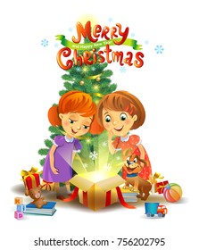 Girls opening a magic gifts beside a Christmas tree, Christmas miracle. A vector illustration in traditional style