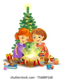 Girls opening a magic gifts beside a Christmas tree, Christmas miracle. A vector illustration in traditional style