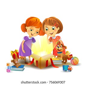 Girls opening a magic gifts, Holiday miracle. A vector illustration in traditional style