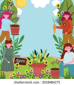 girls organic vegetables and garden plants