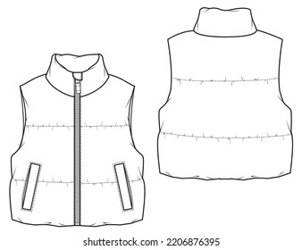 Girls Outerwear Crop Vest Fashion Flat Technical Sketch Mock Up Cad