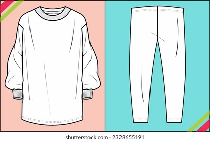 GIRLS OVER SIZE LONG SLEEVE WITH BOTTOM PANT SKETCH FASHION TEMPLATE TECHNICAL ILLUSTRATION