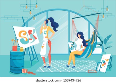 Girls are Painting in Special Studio, Cartoon. Two Friends have Fun Together. One Sits in Hammock and Holds Portrait in her Hands, and other Stands in front Easel and Ponders Picture she Painting.