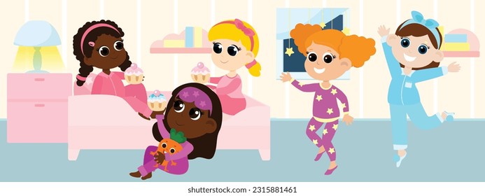 Girls in pajamas are playing in the room. The kids are having a pajama party. Scene of children's recreation and activity. An event in a cartoon style.