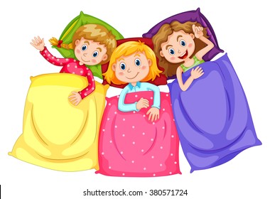 Girls In Pajamas At Slumber Party Illustration