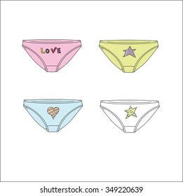 girl's panties with printing. inscription love . heart . star.