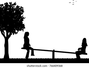 Girls in the park on a seesaw silhouette, one in the series of similar images