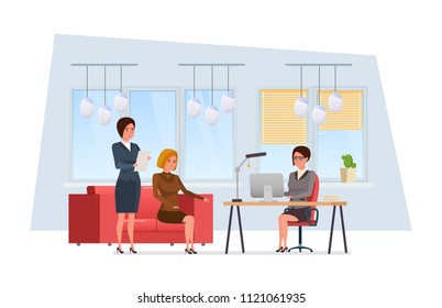 Girls, partners, brainstorming, discussion of problem with colleagues at work, in office room, rest. Interior of office, leisure, working process, teamwork, partnership Illustration in cartoon style