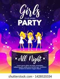 Girls Party background with typographic element, girls and stars for banners, flyer, placard, invitation. Abstract dance party vector background in pink, blue and yellow colors. Place for text