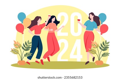 girls party to celebrate new year 2024, flat illustration for new year event