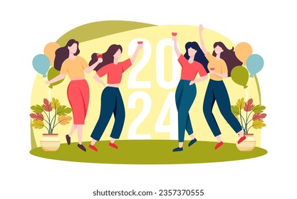 girls party to celebrate new year 2024, flat illustration for new year event