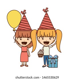 girls with party hat and helium balloon in birthday celebration