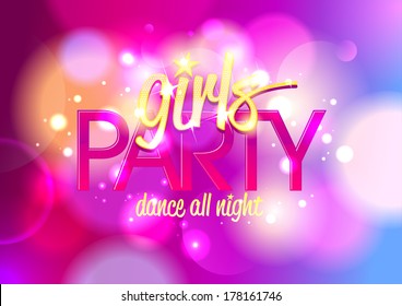 Girl`s party invitation or banner on a bokeh background. Eps10.