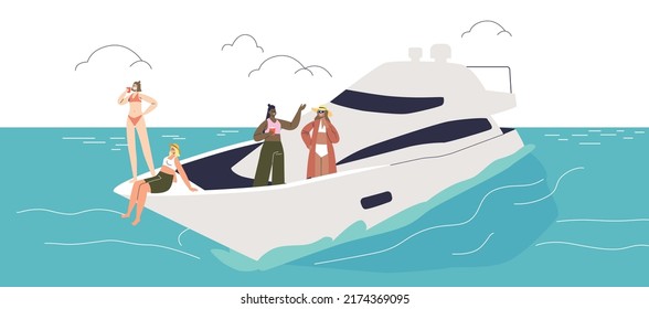 Girls party at luxury yacht in ocean. Group of young women enjoy summertime rest at open sea on comfortable boat together. Summer recreation and relaxation. Cartoon flat vector illustration