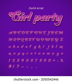 Girl's party. Multi-colored 3D script, upper and lower case letters, numbers, signs and symbols. Vector, can be used for printing.