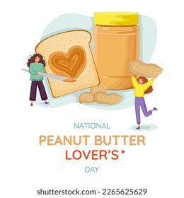 Girls with peanut butter and peanuts. Girl character. Peanut butter lover's day banner.