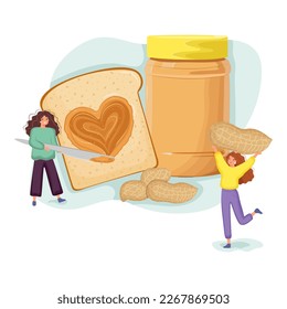 Girls with peanut butter and peanuts. Girl character. Peanut butter lover's day banner.	