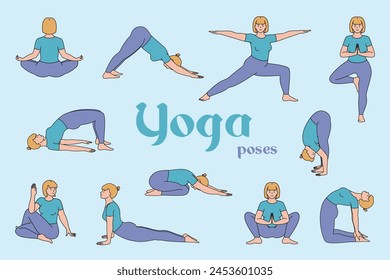 Girls perform yoga poses and exercises for health and relaxation. International Yoga Day icons with text Yoga Poses. Vector illustration isolated on blue background.