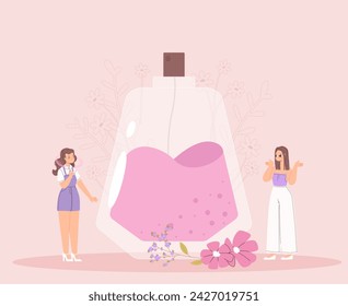 Girls and perfume. Young woman testing new fragrance. Female using perfumes and aromatic water, choosing self aroma. Snugly beauty vector scene