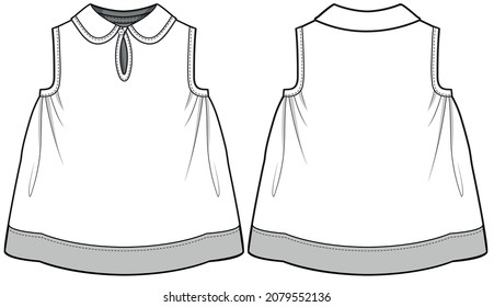 Girls Peter Pan Collar Sleeveless Top, Peter Pan Collar Frock Front and Back View. Fashion Illustration, Vector, CAD, Technical Drawing, Flat Drawing.