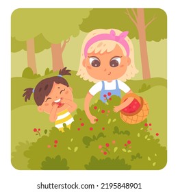 Girls picking and eating natural berries in summer forest, garden or park vector illustration. Cartoon young people hunt and pick healthy vitamin raspberry fruit, kid holding basket with harvest