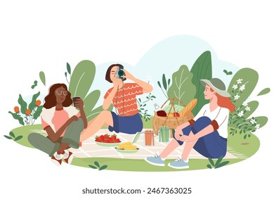 Chicas en un picnic en el parque. Las mujeres jóvenes de diferentes tipos de piel que comen pasan tiempo juntas en el césped al aire libre. Amigos que se relajan y se Asistencia el uno al otro en el fin de semana de verano Ilustración vectorial de dibujos animados plana