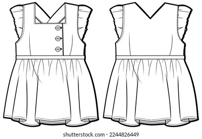 Niñas delante de Ropa de vestir diseño dibujo plano ilustración de moda plantilla vectorial con vista frontal y posterior, vestido de manga de rana de la manga de la manga de la niña bebé bebé bebé bebé bebé bebé bebé bebé bebé bebé bedor