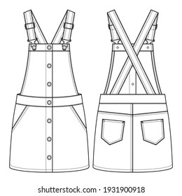 Girls Pinafore fashion flat sketch template. Kids Jumper Dress Technical Fashion Illustration. Snap Detail