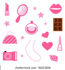 Girls pink icons and elements isolated on white Sweet and cute Girls elements isolated on white background. Vector cartoon Illustration.