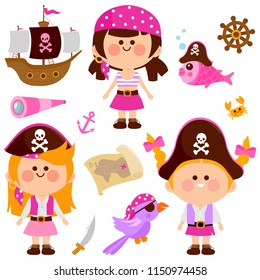 Girls with pink pirate costumes, a ship and other pirate objects. Vector illustration set.