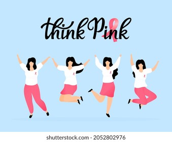 Girls with pink ribbons jump and have fun. National Breast Cancer Awareness Month.